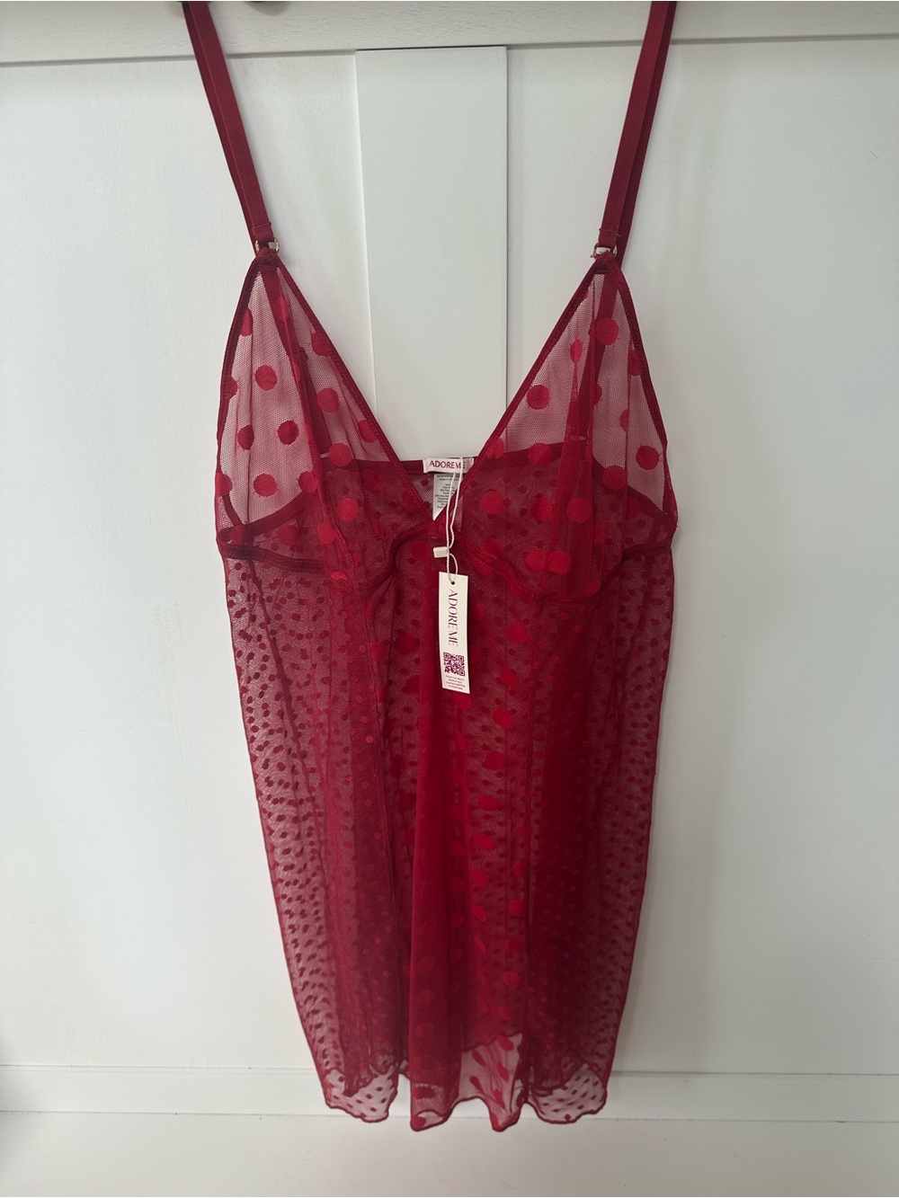 AdoreMe Nanette Slip Sheer Chemise Red Polka Dot Size L NWT
